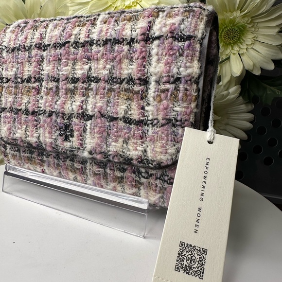 Tory Burch Emerson Tweed chain wallet NWT Ivory/Purple - Picture 3 of 13